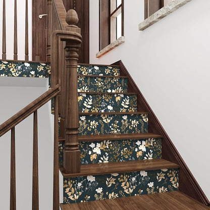 Navy Floral Wallpaper Peel and Stick Boho Wallpaper Vintage Blue/Gold Leaf Contact Paper Waterproof Self Adhesive Modern Wall Paper for Cabinet Walls Kitchen 17.5in x393in