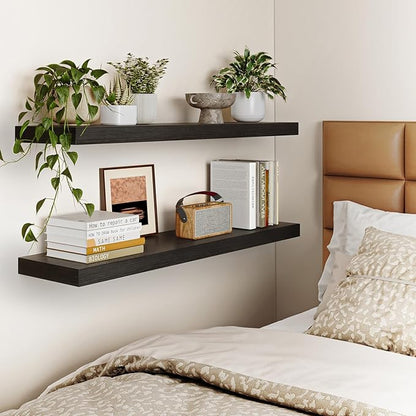 Fixwal Floating Shelves for Wall, 35" Long Heavy Duty Wall Mounted Rustic Wood Shelves for Living Room, Bedroom, Bathroom and Kitchen, Wall Shelves for Storage, Books, Room Decor (Black, Set of 2)