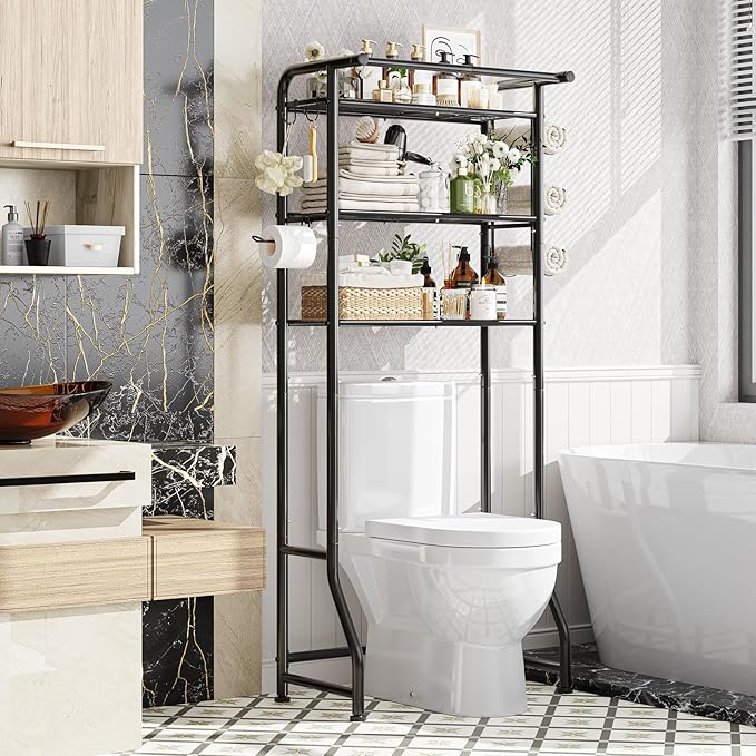 Simple Trending Over The Toilet Storage Cabinet, Metal Bathroom Shelf Organizer with Paper Holder and Hooks, 3 Tier, Black