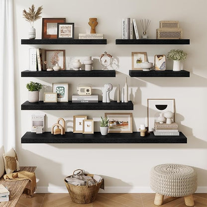 Fun Memories 32 x 12 Floating Shelves Wall-Mounted - Rustic Wood Shelf - 12 Inch Deep Floating Shelves for Wall - Large Storage Shelf for Bathroom - Kitchen & Bedroom - Black - Set of 2