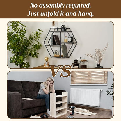 Industrial Style Hexagon-Shaped Wall Shelves, 3 Tier Decorative Floating Ledge Shelves, Wall Mounted Metal Bracket Wooden Display Hanging Shelf