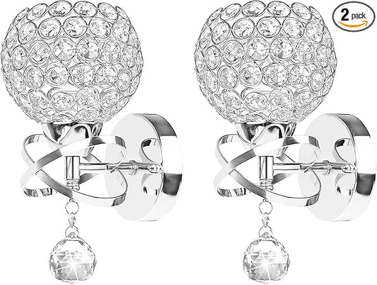 TISLYCO Crystal Wall Sconces Set of Two, Modern Wall Light Sconces Wall Lighting with Hanging Crystal Ball, Wall Mount Lamp Bedside Wall Lamp Silver Sconces Wall Light for Bedroom Living Room Hallway