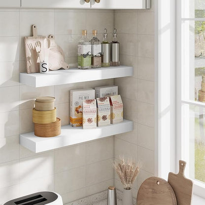 Fun Memories Floating Shelves Set of 2, 24 Inch Floating Shelves for Wall, Wood Wall Shelves with Invisible Brackets, for Bathroom, Bedroom, Living Room, Kitchen, White