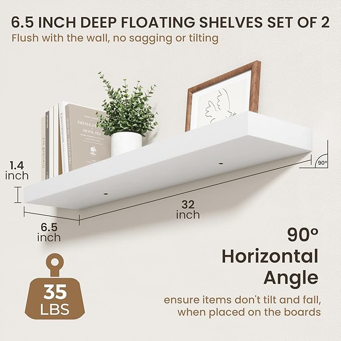 32 Inch Floating Shelves | 6.5 Inch Deep White Floating Shelves Set of 2 | 32" W x 6.5" D Rustic White Wood Wall Shelves with Invisible Brackets for Bathroom Living Room Bedroom
