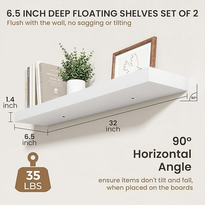 32 Inch Floating Shelves | 6.5 Inch Deep White Floating Shelves Set of 2 | 32" W x 6.5" D Rustic White Wood Wall Shelves with Invisible Brackets for Bathroom Living Room Bedroom