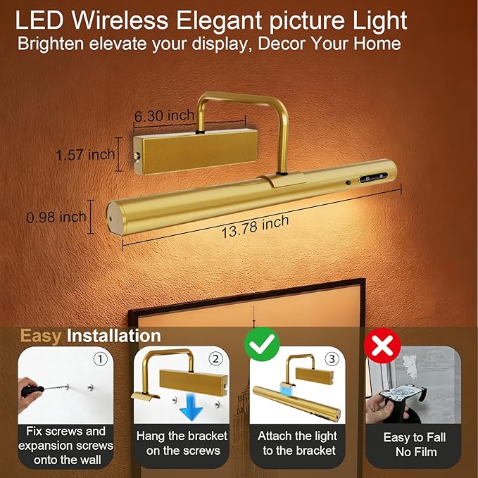 Picture Lights Wall Battery Operated, 14" 6000mAh Rechargeable Display Light with Remote/Rotatable/Dimmable/3CCT Magnetic Wireless Lamp for Painting/Gallery/Artwork/Portraits/Phote/Frame/Poster(Brass)