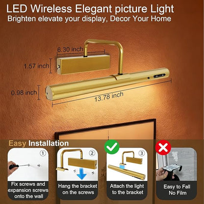 Picture Lights Wall Battery Operated, 14" 6000mAh Rechargeable Display Light with Remote/Rotatable/Dimmable/3CCT Magnetic Wireless Lamp for Painting/Gallery/Artwork/Portraits/Phote/Frame/Poster(Brass)