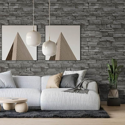 Abyssaly Dark Grey Stone Brick Wallpaper Peel and Stick Backsplash Self-Adhesive Removable Contact Paper Stick on Wall Panels Faux 3D Stone Look Brick Shelf Paper Home Decorations 17.71" X 393.7"