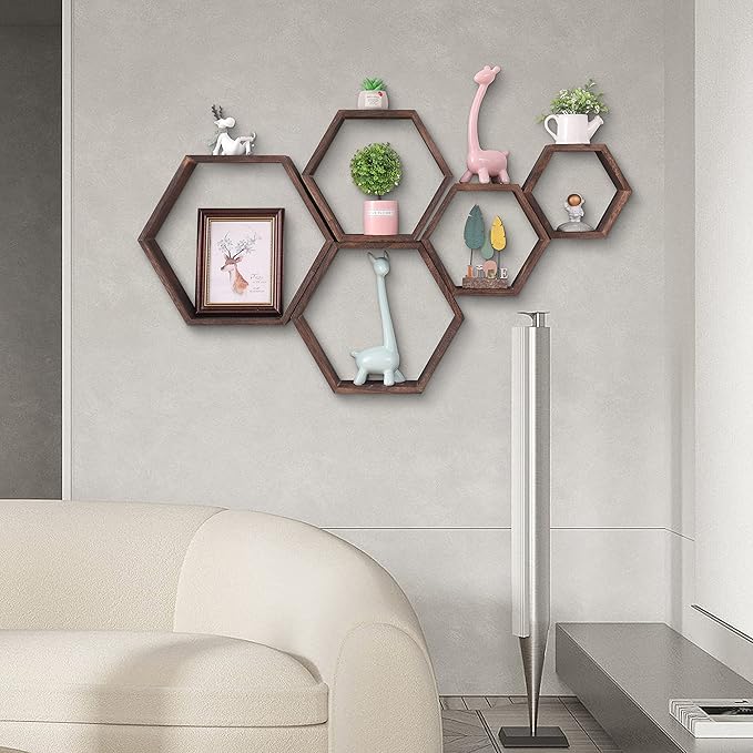 WONFUlity Hexagon Shelves for Wall Mounted, Wood Farmhouse Storage Honeycomb Floating Shelves for Wall Decor,Screws Anchors Included,5pc
