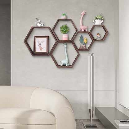 WONFUlity Hexagon Shelves for Wall Mounted, Wood Farmhouse Storage Honeycomb Floating Shelves for Wall Decor,Screws Anchors Included,5pc