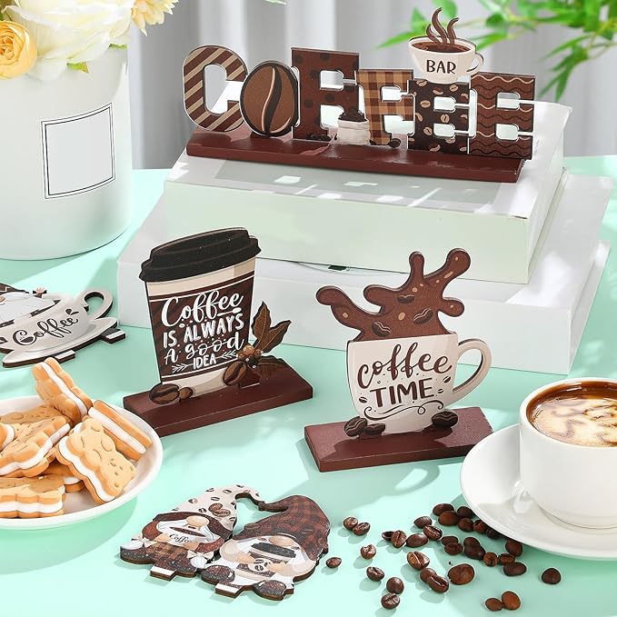 Blosssound 6 Pcs Coffee Bar Decor Sign Coffee Bar Accessories Farmhouse Gnomes Rustic Table Centerpiece Wood Tiered Tray Decor Table Signs for Home Kitchen Ornament