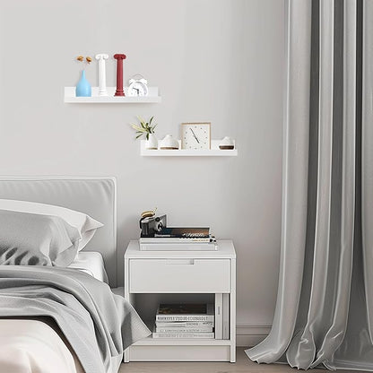Muzilife 16" Floating Wall Ledge Shelves with Lip - Set of 2 Wood Floating Shelves - White Wall Mounted Picture Ledge for Office, Bathroom, Bedroom, Living Room, Kitchen