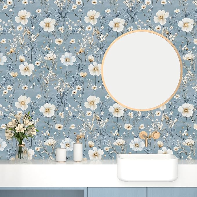 Blue Floral Peel and Stick Wallpaper White Botanical Contact Paper Vintage Leaf Wall Mural for Bedroom Bathroom Vinyl Waterproof Self Adhesive Removable Renter Dorm Wall Paper 17.5" x 118"