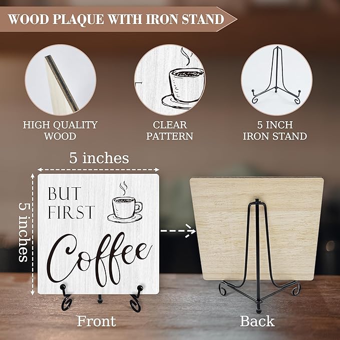 Coffee Sign Desk Decor, But First Coffee Sign With Iron Stand, Coffee Wood Plaque For Coffee Station Coffee Shop Home Kitchen Cafe Office, Farmhouse Coffee Bar Desk Shelf Decoration -02