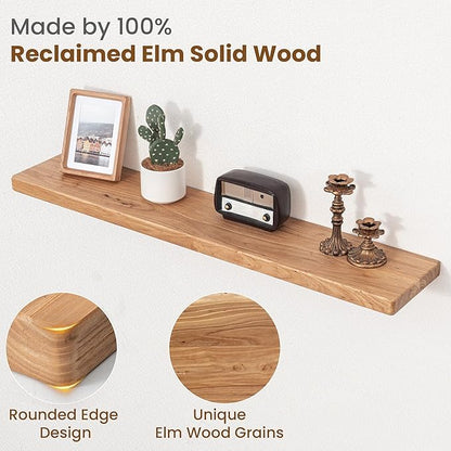 Floating Shelves for Wall, 40"Wx8"D Rustic Solid Elm Wood Floating Shelves Wall Mounted, Round Edge Wall Shelves with Invisible Bracket for Living Room Bathroom Bedroom Kitchen, Set of 2, Natural