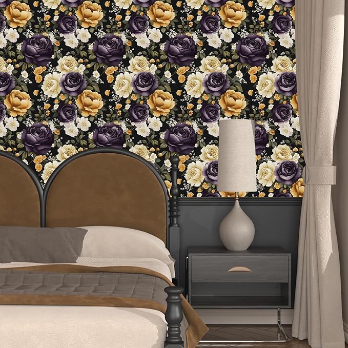 Floral Black Vintage Wallpaper Peel and Stick Dark Purple Beige Peony Contact Paper 17.5