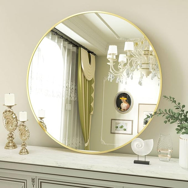 VooBang Round Mirror 23.6" Gold Wall Mounted Circle Mirrors Vanity Mirror with Aluminum Alloy Frame Modern Decoration for Bathroom, Living Room, Vanity, Bedroom, Entryway