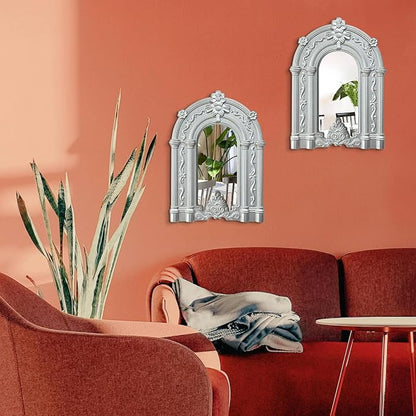 ZEXUIRU 2PCS Arched Window Wall Mirror,Rustic Farmhouse Home Decor, Wood Framed Accent Mirror for Living Room,Bathroom,Bedroom,Kitchen,14.5x10.6 Inches