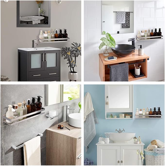 OwnMy 2PCS 16 Inch Shower Shelf Bathroom Inside Shower Caddy Stainless Steel Shower Racks Shower Baskets, Metal Kitchen Organizer Racks Floating Shelves Wall Mount Rectangular Corner Shower Shelves