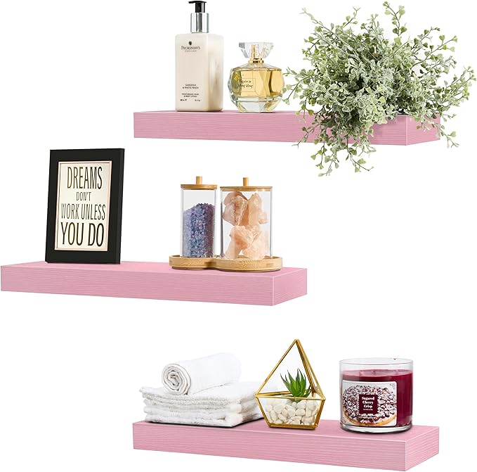 Sorbus Floating Shelves for Wall – 16 Inch Floating Shelf for Kitchen, Bedroom, Living Room, Bathroom, Home & Wall Decor - Mounted Bathroom Shelves with Invisible Brackets (Soft Pink, 3 Pack)