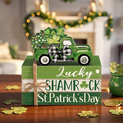 Geelin 4 Pcs St. Patrick's Day Table Decorations Wooden Shamrocks Rustic Tiered Tray Decor with Green Truck, Irish Farmhouse Shelf Centerpiece for Home Kitchen Living Room Holiday Decoration