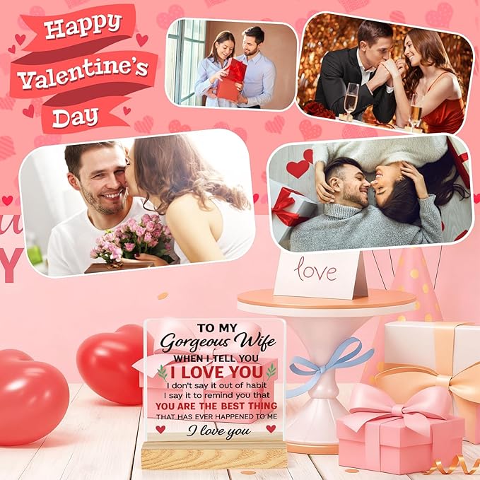 Valentines Desk Decor, Happy Valentine's Day Home Office Table Sign for Porch Tiered Tray Shelf Party, Rustic Romantic Acrylic Gifts Decorations for Him Her Wife, To My Gorgeous Wife
