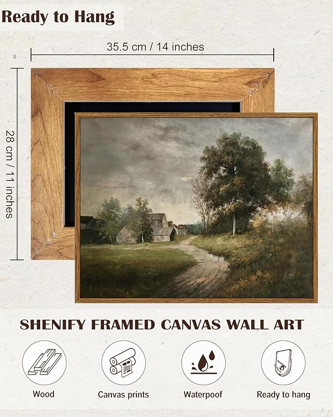 SHENIFY Landscape Vintage Framed Canvas Wall Art Classical Village Prints Farmhouse Bathroom Office Decor - 11x14in Natural Framed
