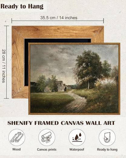 SHENIFY Landscape Vintage Framed Canvas Wall Art Classical Village Prints Farmhouse Bathroom Office Decor - 11x14in Natural Framed