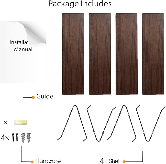 Rustic State Moma Wall Mounted Narrow Decorative Floating Shelves with Triangle Brackets - Picture Ledge, Display for Collectibles Memorabilia Awards Objects Toiletries - Set of 4 - Walnut