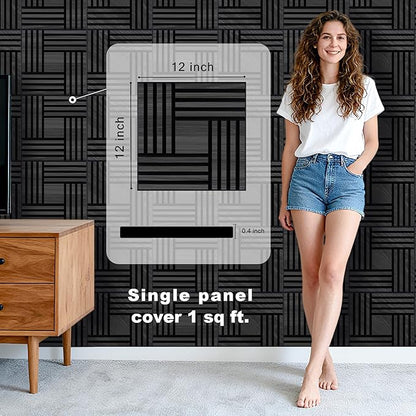 WoveN SounD Artisan Acoustic Wall Panels, 16 Pack 12x12 Inch, Wood Veneer Carved Sound Proof Wall Decor, Self-Adhesive for Home, Studio, Office & Focus Zones, Metre, Black Oak