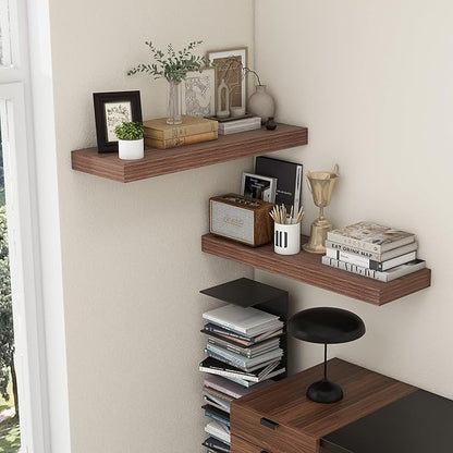 Deep Floating Shelves | 36 Inch Walnut Floating Shelves Set of 2 | 12 Inch Deep Rustic Wood Shelves for Wall | 36" W x 12" D Walnut Shelves for Living Room Bathroom Laundry Room Kitchen