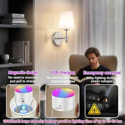Battery Operated Wall Sconces Set of Two, Rechargeable Wireless Wall Lights with 10000mAh RGB Dimmable Detachable Bulb, Battery Sconces Wall Decor with Remote for Bedroom Living Room Hallway