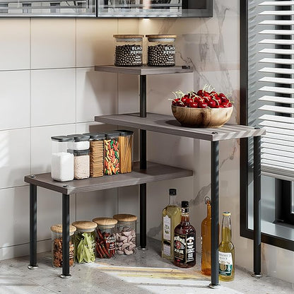 Countertop Organizer Organization 3 Tier Kitchen Corner Shelves Adjustable Spice Storage Rack for Bathroom Coffee Area Over Sink (Dark Gray Oak)
