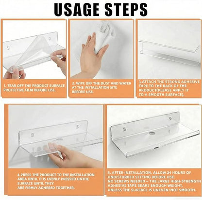 Acrylic Floating Shelves, Adhesive Wall Mount Command Shelves for Bathroom, Kitchen, Dorm - Renter-Friendly Easy Install Wall Shelves for Home Decor and Organization (Fully Clear-2 Pack)