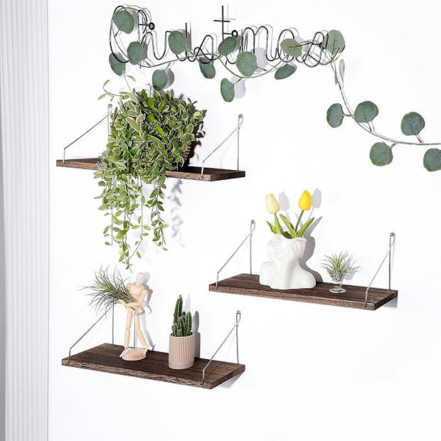 MITIME Floating Shelves Set of 3 Rustic Solid Wood Floating Shelf Wall Storage Shelves for Living Room, Bedroom, Bathroom, Kitchen Laundry, Office.no Drill Shelf(Retro Color L+L+L)