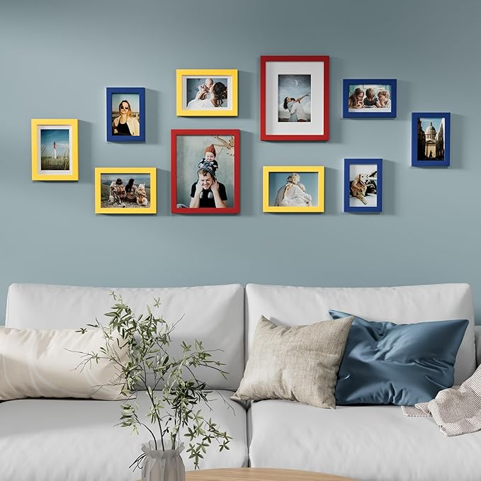 Vittanly Picture Frames Set of 10, Picture Frames Collage Wall Decor with Two 8x10, Four 5x7 and Four 4x6 Photo Frames, Gallery Wall Frame Set for Wall or Tabletop Display, Red, Yellow and Blue