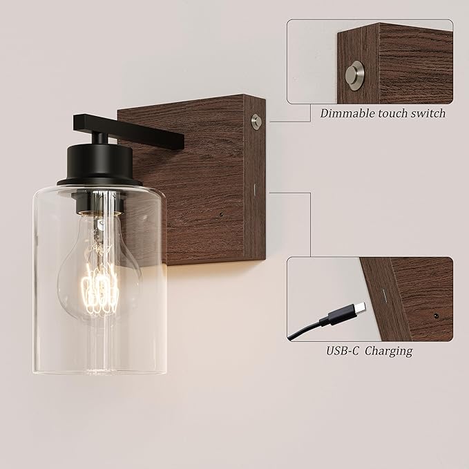 Battery Operated Wall Sconce Set of 2, Black & Walnut Rechargeable Wall Lights with Timer Function, Easy Install Dimmable Wireless Wall Lamps for Living Room, Bedroom, Hallway, Entryway Decor 3000K