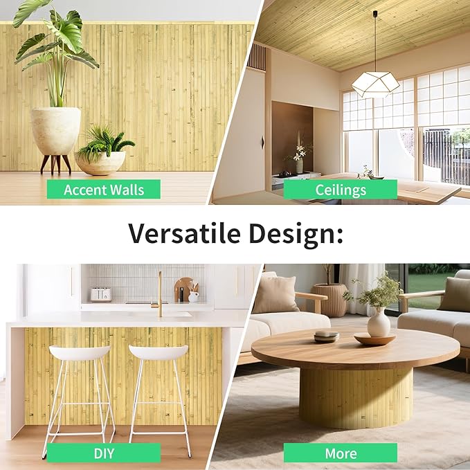 Natural Bamboo Wall Panel for Interior Wall Decor, Renewable Pole Wrap Wainscoting Paneling for Wall Ceiling Furniture Cabinet Office, 48 x 96 Inch, Natural