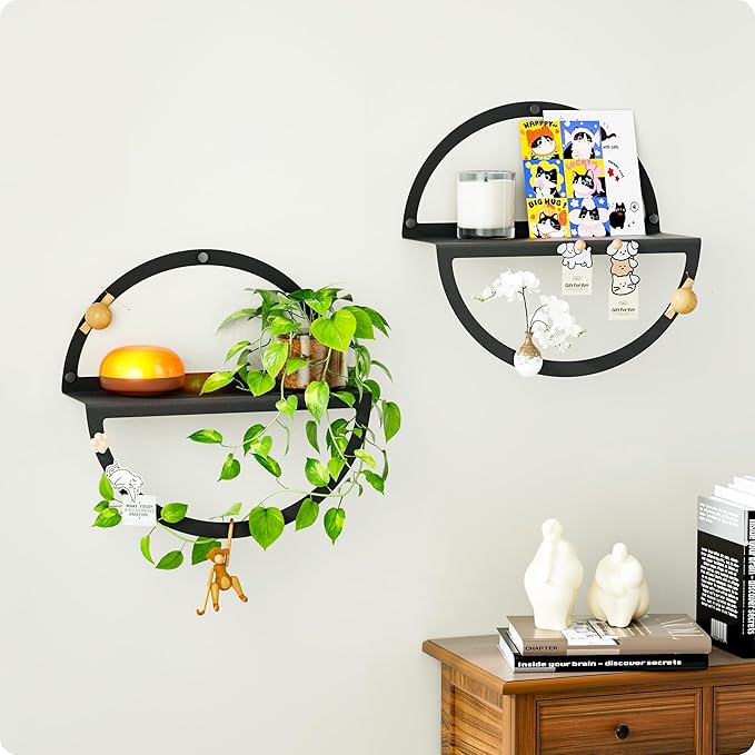 Round Floating Shelves for Wall, Modern Circular Mounted Corner Displays in Black Metal for Living Room, Bedroom & Bathroom – Unique Hanging Decor & Storage, Set of 2