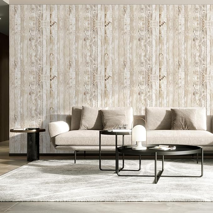 Decoroom Wood Wallpaper Peel and Stick, Shiplap Self Adhesive Contact Paper for Cabinets and Drawers, Removable Wood Grain Wall Paper Easy to Clean 17.7"×118"