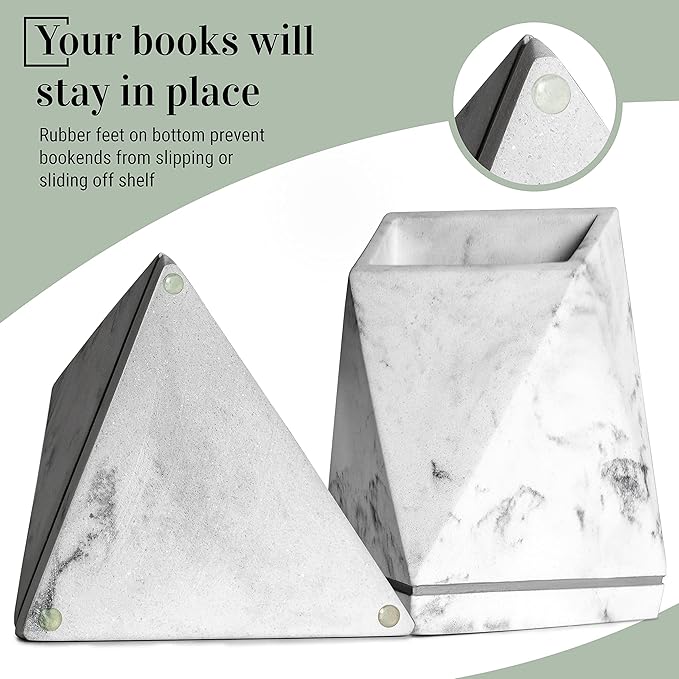 Marble Style Bookends - Decorative, Heavy Duty Book Holder for Shelves, Non Skid, Unique Design (White)