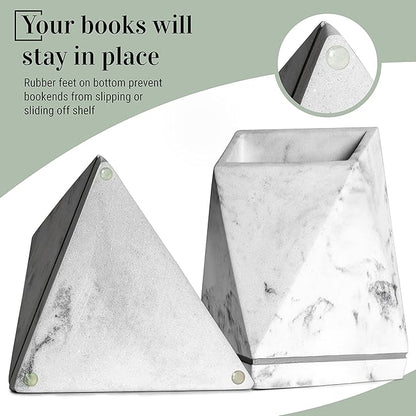 Marble Style Bookends - Decorative, Heavy Duty Book Holder for Shelves, Non Skid, Unique Design (White)