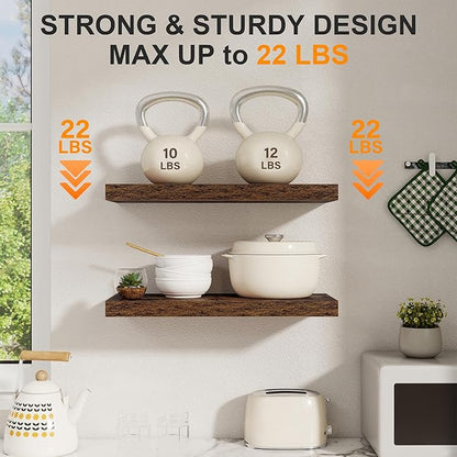 Floating Shelves for Wall, 22.5"W x 8"D Wall Shelf, Rustic Wood Floating Shelf 22.5 Inch Long, Bathroom Shelves Set of 2, 8 Inch Deep Floating Shelves for Living Room, Bedroom, Kitchen, Rustic Brown