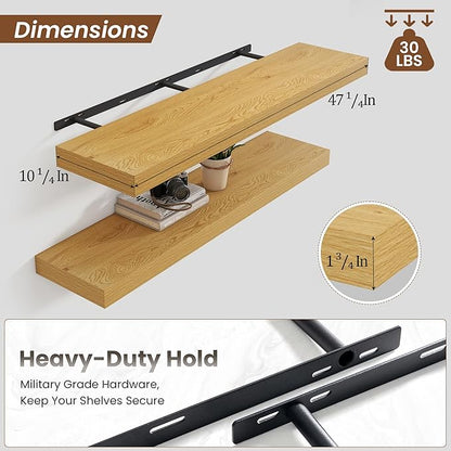 Heimlove Floating Shelves for Wall 48 Inch Long,Extra Large and Thick Wood Shelves Mounted Storage Hanging Shelf Invisible Bracket for Bedroom,Living Room,Kitchen,Office,Oak