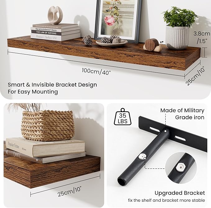Fun Memories Floating Shelves Set of 2, 40 Inch Long Wooden Wall Shelves, 10 Inch Deep Wall Mounted Storage Shelf with Metal Brackets for Living Room, Bathroom, Bedroom and Kitchen, Rustic Brown