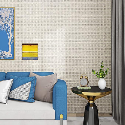 FunStick 24"x200" Thick Beige Peel and Stick Wallpaper for Bathroom Bedroom Walls Grasscloth Textured Wall Paper Roll Self Adhesive Vinyl Geometric Contact Paper for Cabinets Furniture Table Removable