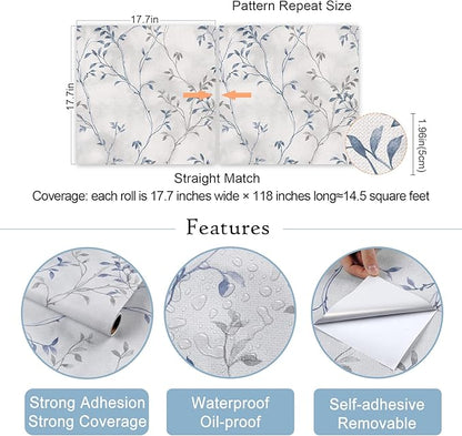 VaryStyle 17.7"x118" Grey Blue Tree Branches Wallpaper Peel and Stick Wallpaper Tree Twigs Leaf Mural Grasscloth Wallpaper Self Adhesive Removable Leaves Contact Paper for Cabinets Bedroom Bathroom