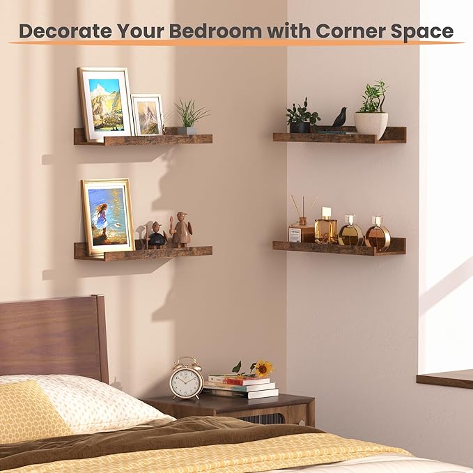 upsimples Floating Shelves for Wall, Wall Shelves for Decor Storage Set of 6, Wall Mounted Wood Shelf for Bedroom, Living Room, Bathroom, Kitchen, Picture Ledge Shelf, Brown