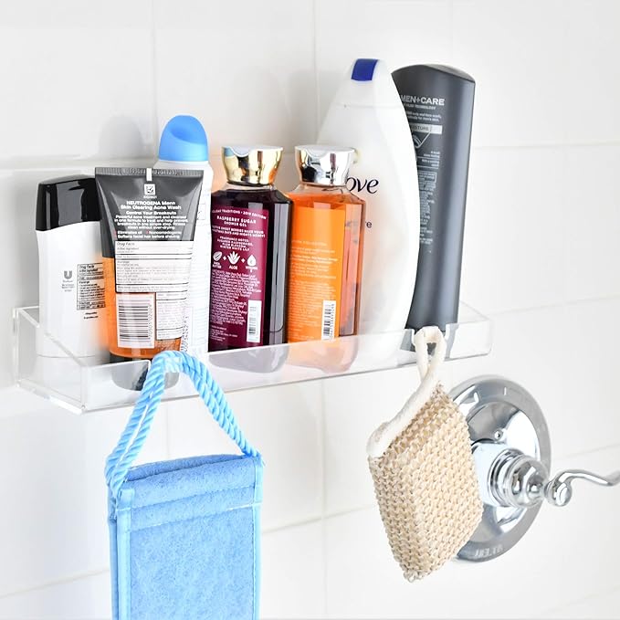 AMT 4 Pack Acrylic Floating Shelves, 15" L x 4" W, Clear Bathroom Wall Shelf, Bookshelves, Invisible Display for Office, Bedroom, Hanging Slots for Bath Sponge & Others Items, Free Screws & Drill Bit