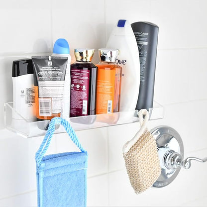AMT 4 Pack Acrylic Floating Shelves, 15" L x 4" W, Clear Bathroom Wall Shelf, Bookshelves, Invisible Display for Office, Bedroom, Hanging Slots for Bath Sponge & Others Items, Free Screws & Drill Bit